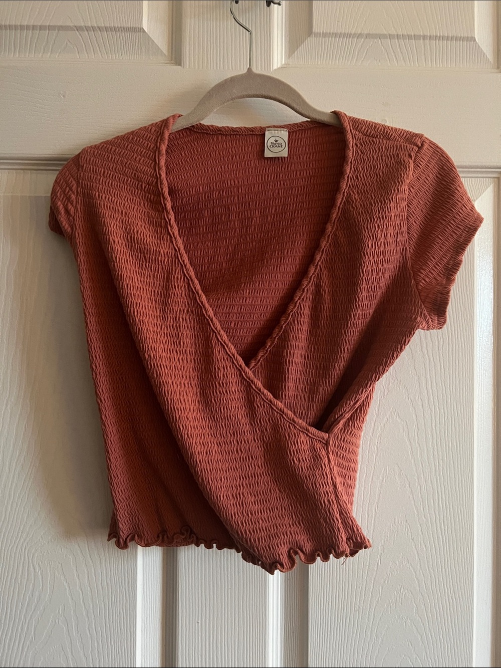 Paper Crane Rust Cropped Smocked Wrap Top